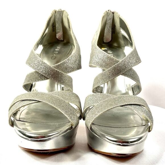 SILVER GLITTER PLATFORM SANDALS by ALDO 5” HEEL 8 - Picture 4 of 6